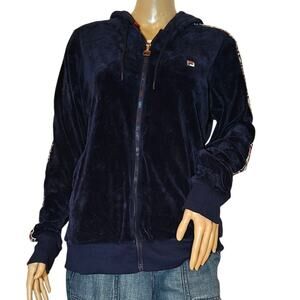 FILA Navy Velour Zip Up Hoodie Women’s Large Retro Track Jacket Logo
